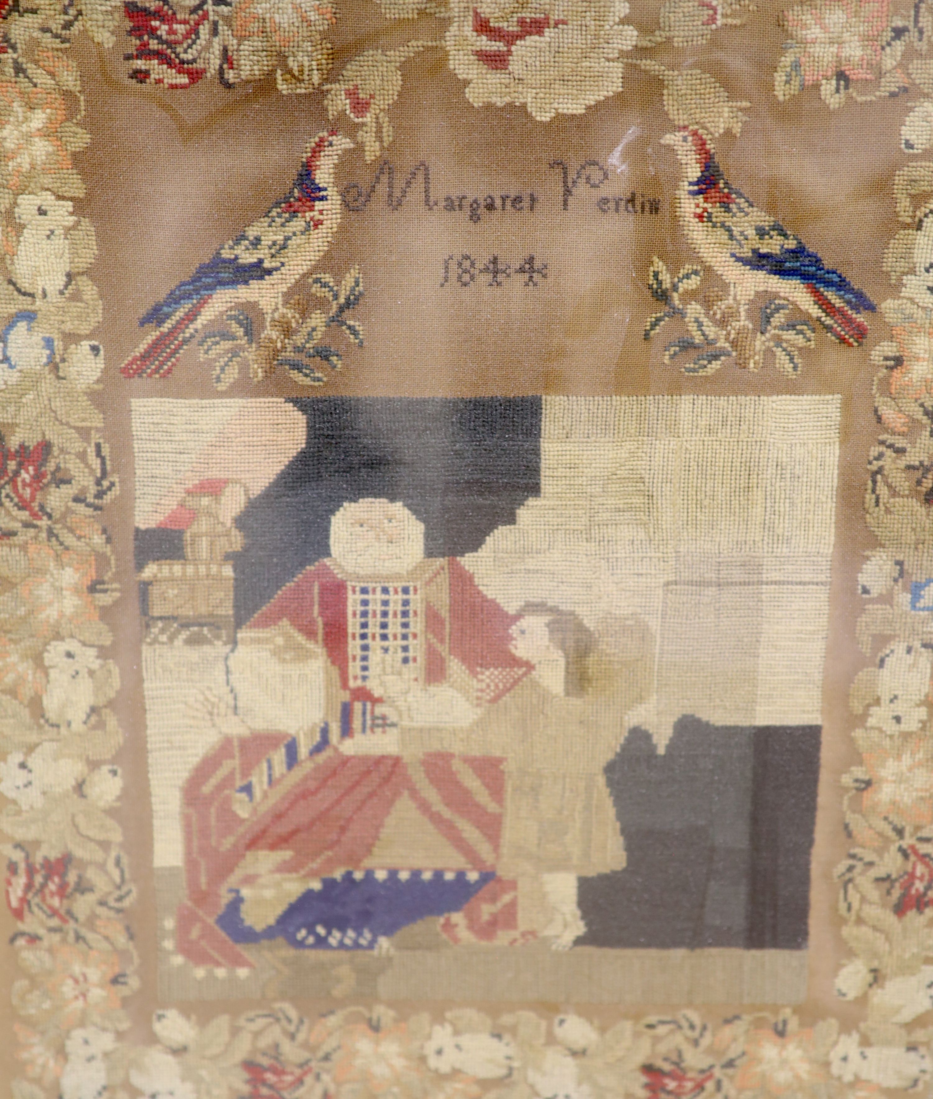 A Margaret Emily Verdin petit point sampler, dated 1844, width 36cm, 42cm high